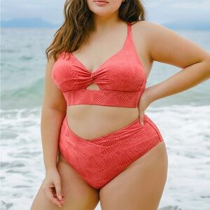 Berlook Red Jacquard Twist Plus Size Bikini Top & Bottom